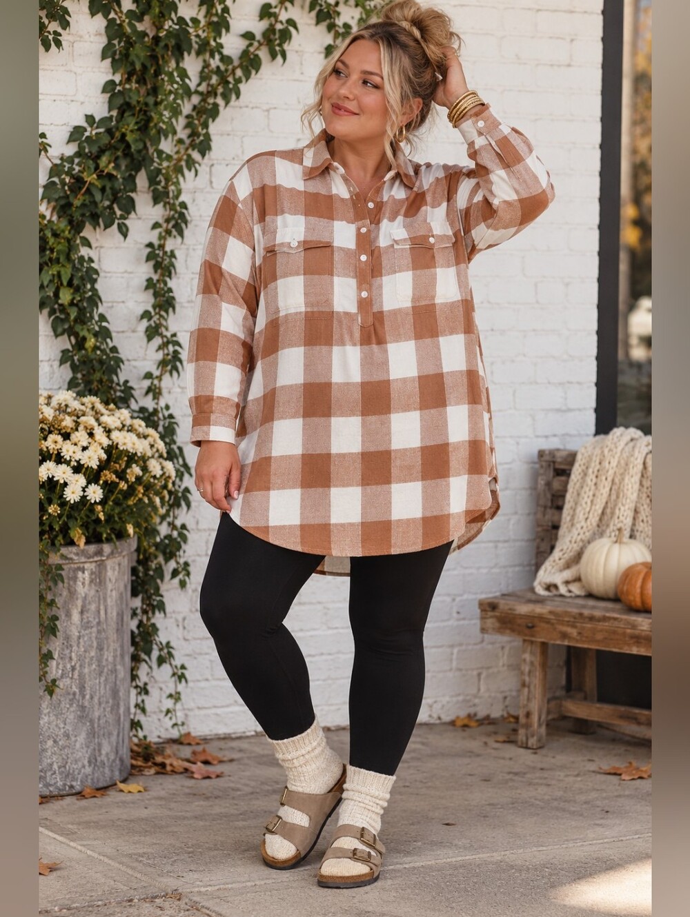 American Eagle NEW Size XL Brown & White Plaid 1/4 Button Down Tunic Top Cotton